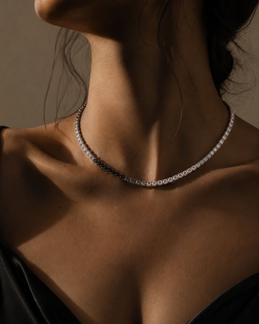 Noir Tennis Necklace worn, woman